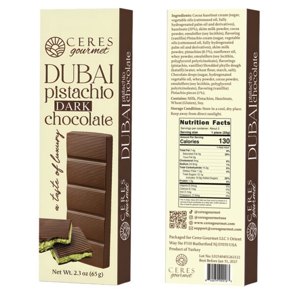 Ceres Gourmet Dubai Dark Chocolate Bar with Pistachio Cream and Kataifi, 2.3 oz Gourmet Bitter Chocolate Candy, Viral Snack Gift for Friends and Family