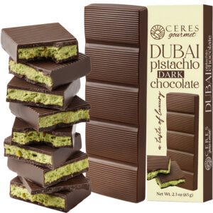 Ceres Gourmet Dubai Dark Chocolate Bar with Pistachio Cream and Kataifi, 2.3 oz Gourmet Bitter Chocolate Candy, Viral Snack Gift for Friends and Family