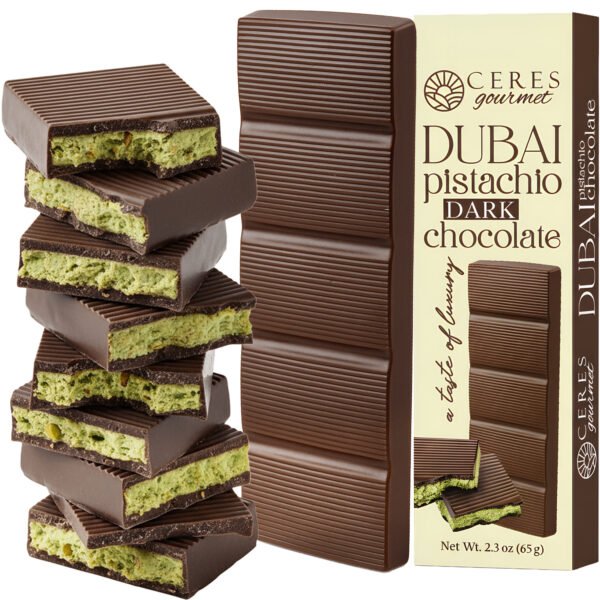 Ceres Gourmet Dubai Dark Chocolate Bar with Pistachio Cream and Kataifi, 2.3 oz Gourmet Bitter Chocolate Candy, Viral Snack Gift for Friends and Family