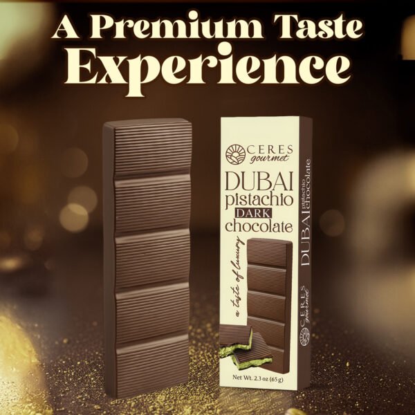Ceres Gourmet Dubai Dark Chocolate Bar with Pistachio Cream and Kataifi, 2.3 oz Gourmet Bitter Chocolate Candy, Viral Snack Gift for Friends and Family