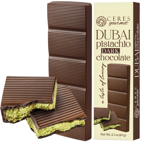 Ceres Gourmet Dubai Dark Chocolate Bar with Pistachio Cream and Kataifi, 2.3 oz Gourmet Bitter Chocolate Candy, Viral Snack Gift for Friends and Family