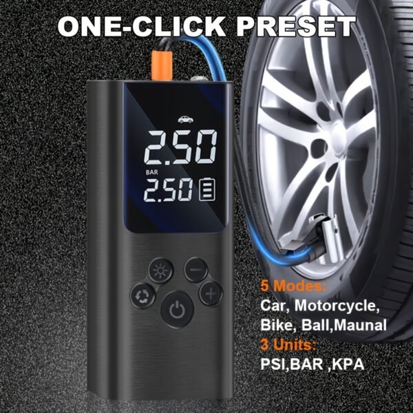 Portable Cordless Tire Inflator with Digital Gauge & LED Light, USB- Rechargeable Fast Air Compressor Suitable for Cars, Bikes, Motorcycles, Sports Equipment, USB- Air Pump for Car Tires, Tires, Emergency Inflation Device