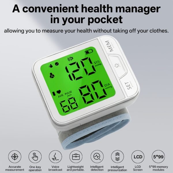 Wrist Blood Pressure Monitor – Automatic Digital BP Monitor with Adjustable Cuff, Large LCD Display, Pulse Rate & Irregular Heartbeat Detection, Portable Home Use Blood Pressure Machine for Seniors and Adults