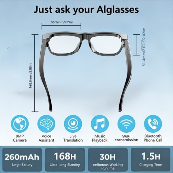 Smart AI Recognition Glasses with Built-In Camera, Clear Photo Capture, Wireless Hands-Free Music And Calls, UV Protection Shades, Comes with Interchangeable Spare Lenses
