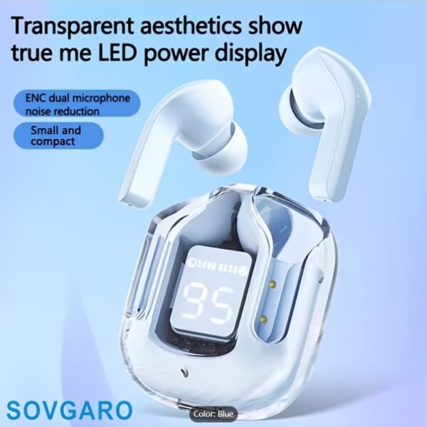 Wireless Earbuds 5.3, 24-Hour Battery Life, LED Power Display Transparent Charging Case, Cute Light Blue In-Ear Headphones, Suitable for Women And Girls, Ideal for Sports, Travel, And More, Compatible with Iphone And Android Devices