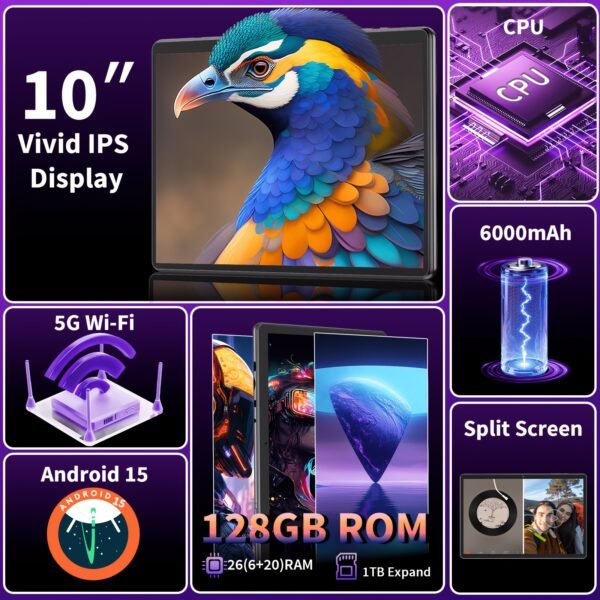 26GB (6+20) RAM And 128GB ROM New Tablet PC, 1TB SD Expansion, 1280X800 HD IPS, GMS, Wi-Fi Connectivity, 10.1-Inch Android 15 Tablet (No Adapter), Optional: Tablet And Stand Case Or Tablet And Keyboard Set, Perfect for Holiday/Birthday Gifts, 2026