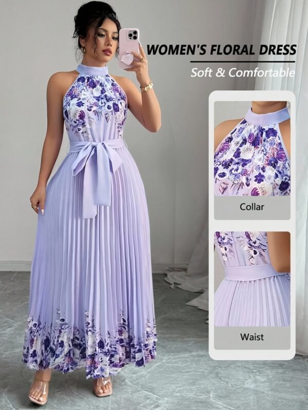 Fashionable New Women'S Summer Halter Floral Print Pleated Dress