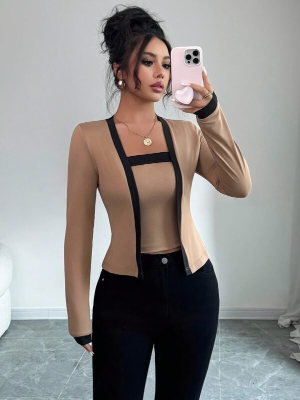 A Two-Piece Set for Women Featuring an Elegant And Stylish Color-Block Cardigan Paired with a Strapless Top