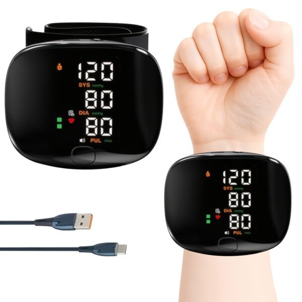 Automatic wrist blood pressure monitor, featuring an adjustable cuff, heart rate monitoring, irregular heartbeat alerts and a built-in rechargeable lithium battery. Suitable for blood pressure management in patients with hypertension.