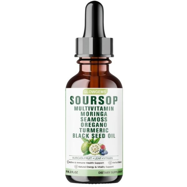 10-in-1 Soursop Graviola Liquid Drops 60ml (2fl.oz) - 1800mg Extra Strength Formula with Sea Moss, Moringa, Ashwagandha & Black Seed Oil - High Absorption Natural Herbal Extract