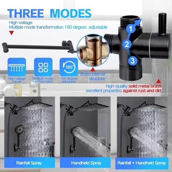 Shower Head, High Pressure Rainfall/Handheld Shower Combo With Extension Arm, 9 Settings, Anti-Leak Shower Head With Holder, Height/Angle Adjustable, Chrome, Matte Black