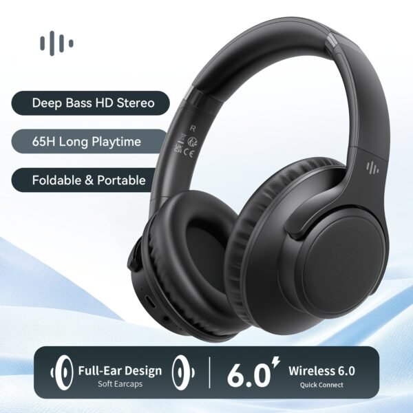 KVIDIO Bluetooth 6.0 Wireless Headphones, 65 Hours Playtime, Sealed Type, Microphone Included, Soft Earmuffs &Light Weight for Prolonged Waring for PC/Travel/School/iPad