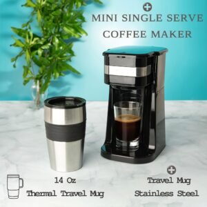 Single Cup Drip Coffee Maker Comes with a Portable 14.2Oz Stainless Steel Cup, Featuring a Removable Filter Basket, Sleek Black End, Automatic Warming, And 750W Power