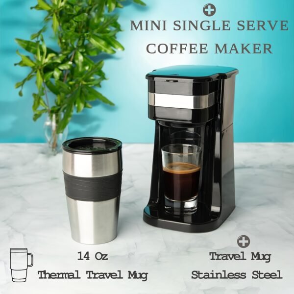 Single Cup Drip Coffee Maker Comes with a Portable 14.2Oz Stainless Steel Cup, Featuring a Removable Filter Basket, Sleek Black End, Automatic Warming, And 750W Power