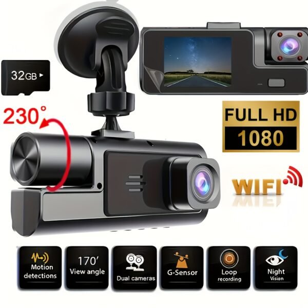 Two/Triple Camera Dash Cam - Infrared Night Vision, 1080P Front And 720P Rear, 170° Wide Angle & Built-In Audio - Optional 32GB Card, Loop Recording, G-Sensor - Perfect Vehicle Safety Camera 24 Hours Parking Mode for New Cars Or Holiday Gifts