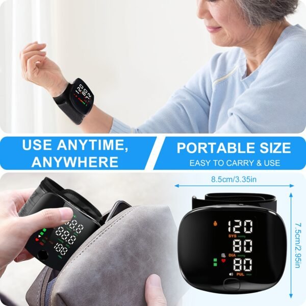 Automatic wrist blood pressure monitor, featuring an adjustable cuff, heart rate monitoring, irregular heartbeat alerts and a built-in rechargeable lithium battery. Suitable for blood pressure management in patients with hypertension.