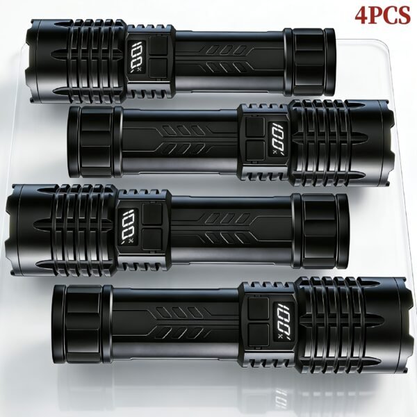4-Pack Tactical Survival Kit Must Have: Super Bright Rechargeable LED Flashlights Set, Zoomable Spotlight & USB Charging For Emergency Preparedness, Power Outage Supplies, Camping Gear, Perfect Men Gifts