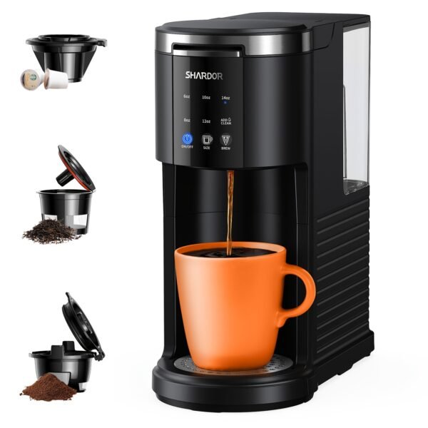 SHARDOR 3-In-1 Single-Serve Coffee Machine, K-Cup Coffee Maker Compatible with Ground Coffee & Teas, 6 to 14 Oz Brew Sizes, 40 Oz Removable Water Tank, Descaling Settings, Black