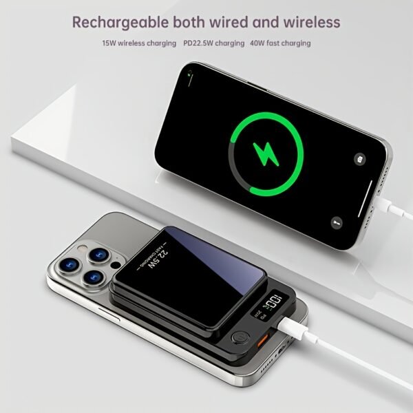 Magnetic Wireless Charging Power Bank, 5000/10000mAh Battery 15W Fast Wireless Charging 22.5W PD Fast Charging Power Bank, 2 Outputs And Dual Input External Battery Pack for Ios 16/15/14/13/12/11 And Other Android Universal