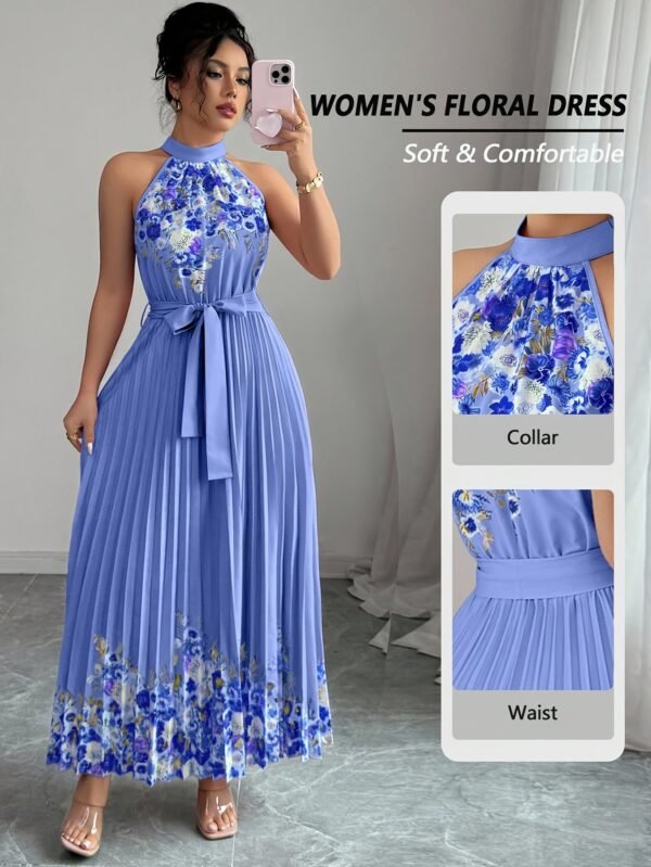 Fashionable New Women'S Summer Halter Floral Print Pleated Dress