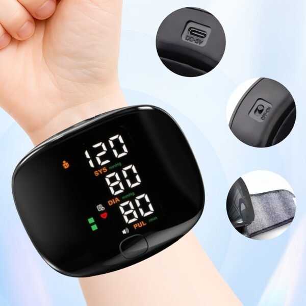 Automatic wrist blood pressure monitor, featuring an adjustable cuff, heart rate monitoring, irregular heartbeat alerts and a built-in rechargeable lithium battery. Suitable for blood pressure management in patients with hypertension.
