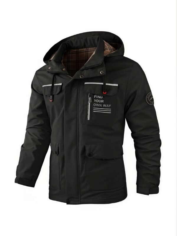 product-fancy-2a6936ee-a977-4d7a-bfa4-594535b09139-1 New Men's Multi-Pocket Cargo Jacket, Men's Outdoor Windbreaker, Sporty Style, College Style, Vintage Style Outdoor Jacket, Elegant Spring and Autumn Front Placket Snap Button Design, High Quality Zipper, Luminous Strip Decoration, Checkered Print
