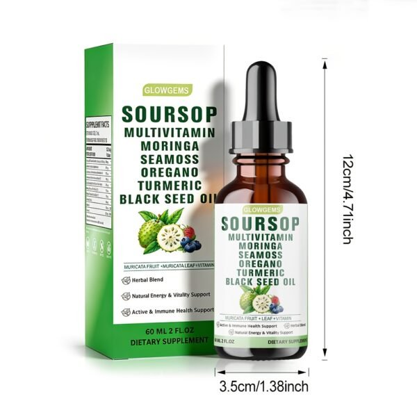 10-in-1 Soursop Graviola Liquid Drops 60ml (2fl.oz) - 1800mg Extra Strength Formula with Sea Moss, Moringa, Ashwagandha & Black Seed Oil - High Absorption Natural Herbal Extract