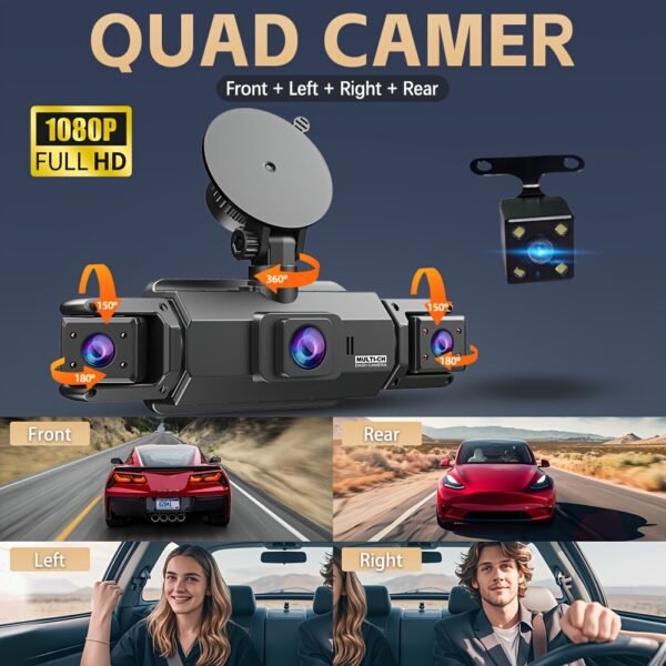 32GB 4-Lens Car Dashboard Video Cam, FHD1080P Dash Cam for Cars, Front, Rear, Left And Right, with 8IR Night Vision, Loop Recording, 170° Wide Angle Car DVR Camera