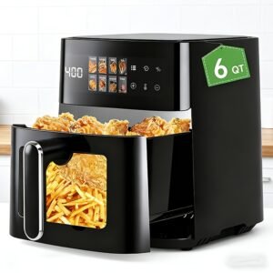 6-Quart Air Fryer - 8-in-1 Electric Hot Air Oven with LED Touchscreen, Non-stick Fry Basket, And 1350-watt Power. This Large-capacity Air Fryer Features 360° Hot Air Circulation, A Clear Touchscreen, And Integrated Heat-insulated Handles. Black.