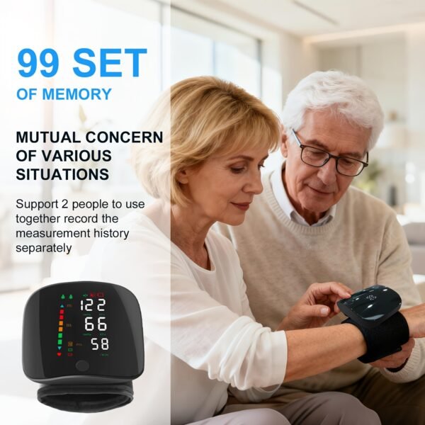 Automatic wrist blood pressure monitor, featuring an adjustable cuff, heart rate monitoring, irregular heartbeat alerts and a built-in rechargeable lithium battery. Suitable for blood pressure management in patients with hypertension.