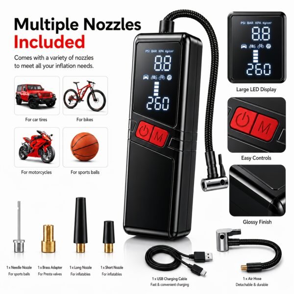 12000APortable Wireless Car Air Compressor Inflator Hand Pump with LED Lighting, Suitable for Cars/motorcycles/bicycles