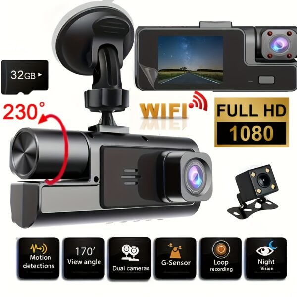 Two/Triple Camera Dash Cam - Infrared Night Vision, 1080P Front And 720P Rear, 170° Wide Angle & Built-In Audio - Optional 32GB Card, Loop Recording, G-Sensor - Perfect Vehicle Safety Camera 24 Hours Parking Mode for New Cars Or Holiday Gifts