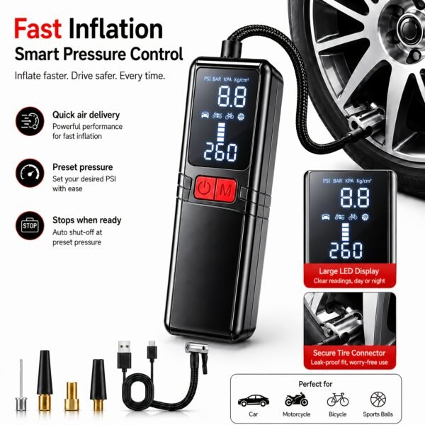 12000APortable Wireless Car Air Compressor Inflator Hand Pump with LED Lighting, Suitable for Cars/motorcycles/bicycles