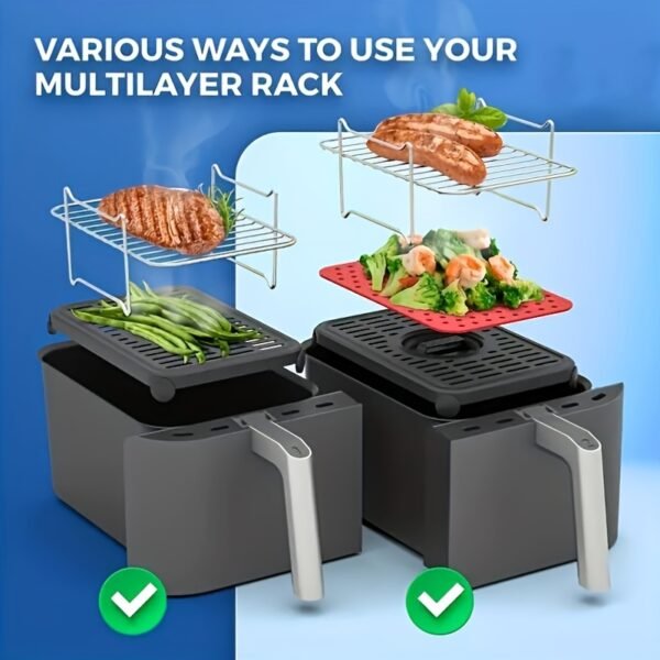 6pcs Set of Double-layer Frying Basket Accessories, Suitable for Ninja DZ201 Foodi and Other 8QT-10QT Dual-zone Dual-fryer Air Fryers, Includes Air Fryer Rack Set(2 Frying Basket Racks+ 4 Skewers)