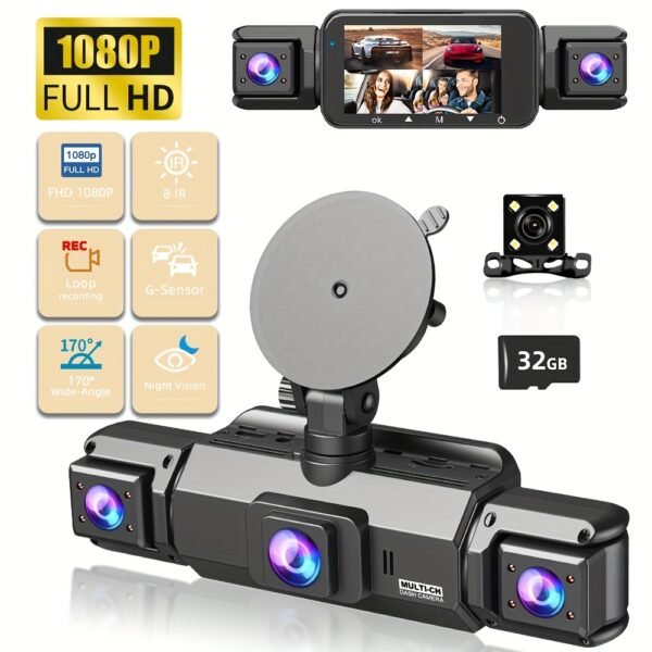 32GB 4-Lens Car Dashboard Video Cam, FHD1080P Dash Cam for Cars, Front, Rear, Left And Right, with 8IR Night Vision, Loop Recording, 170° Wide Angle Car DVR Camera