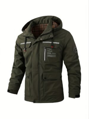 New Men's Multi-Pocket Cargo Jacket, Men's Outdoor Windbreaker, Sporty Style, College Style, Vintage Style Outdoor Jacket, Elegant Spring and Autumn Front Placket Snap Button Design, High Quality Zipper, Luminous Strip Decoration, Checkered Print