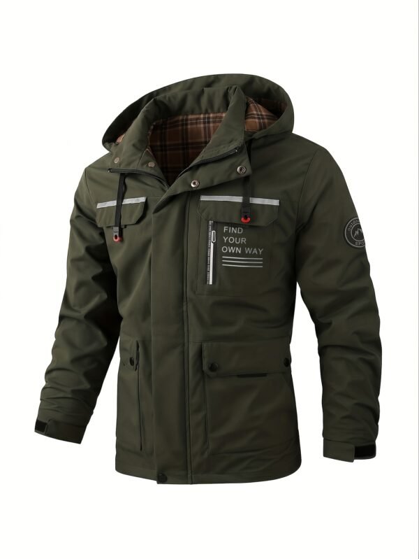 product-fancy-37159f0d-aa0b-4590-a5f4-cfe7e3e03b70 New Men's Multi-Pocket Cargo Jacket, Men's Outdoor Windbreaker, Sporty Style, College Style, Vintage Style Outdoor Jacket, Elegant Spring and Autumn Front Placket Snap Button Design, High Quality Zipper, Luminous Strip Decoration, Checkered Print