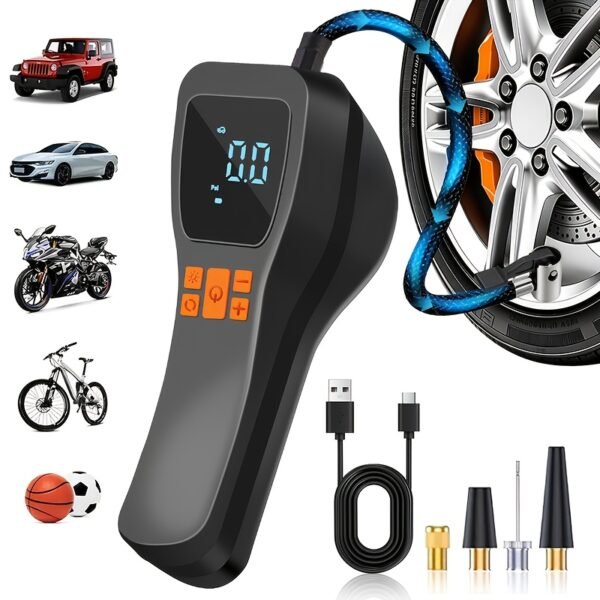 Portable Cordless Tire Inflator with Digital Gauge & LED Light, USB- Rechargeable Fast Air Compressor Suitable for Cars, Bikes, Motorcycles, Sports Equipment, USB- Air Pump for Car Tires, Tires, Emergency Inflation Device