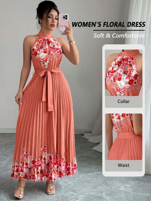 Fashionable New Women'S Summer Halter Floral Print Pleated Dress