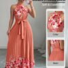 Fashionable New Women'S Summer Halter Floral Print Pleated Dress