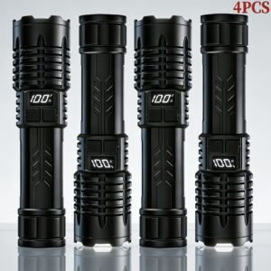4-Pack Tactical Survival Kit Must Have: Super Bright Rechargeable LED Flashlights Set, Zoomable Spotlight & USB Charging For Emergency Preparedness, Power Outage Supplies, Camping Gear, Perfect Men Gifts