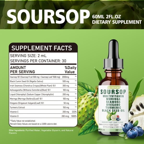 10-in-1 Soursop Graviola Liquid Drops 60ml (2fl.oz) - 1800mg Extra Strength Formula with Sea Moss, Moringa, Ashwagandha & Black Seed Oil - High Absorption Natural Herbal Extract