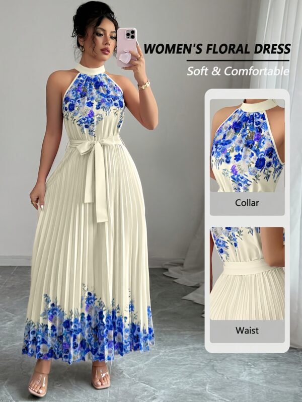 Fashionable New Women'S Summer Halter Floral Print Pleated Dress