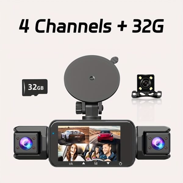 32GB 4-Lens Car Dashboard Video Cam, FHD1080P Dash Cam for Cars, Front, Rear, Left And Right, with 8IR Night Vision, Loop Recording, 170° Wide Angle Car DVR Camera