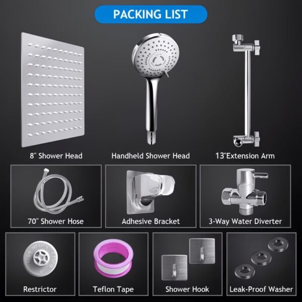 Shower Head, High Pressure Rainfall/Handheld Shower Combo With Extension Arm, 9 Settings, Anti-Leak Shower Head With Holder, Height/Angle Adjustable, Chrome, Matte Black
