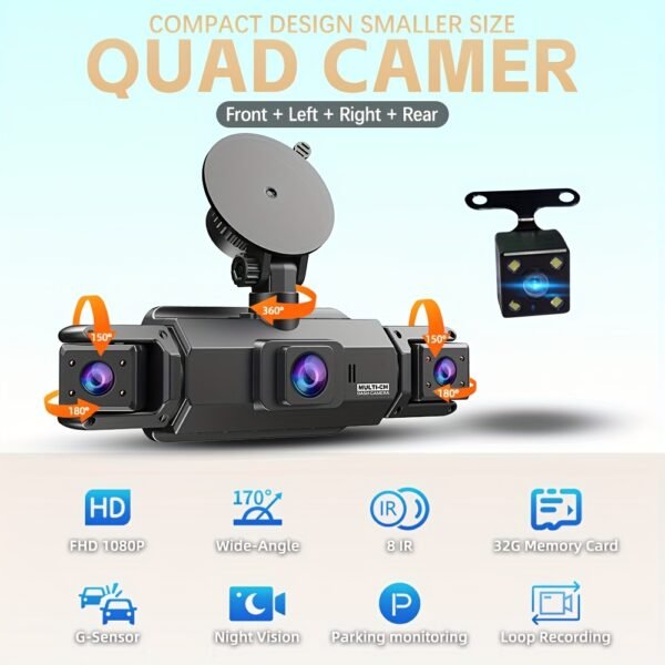 32GB 4-Lens Car Dashboard Video Cam, FHD1080P Dash Cam for Cars, Front, Rear, Left And Right, with 8IR Night Vision, Loop Recording, 170° Wide Angle Car DVR Camera