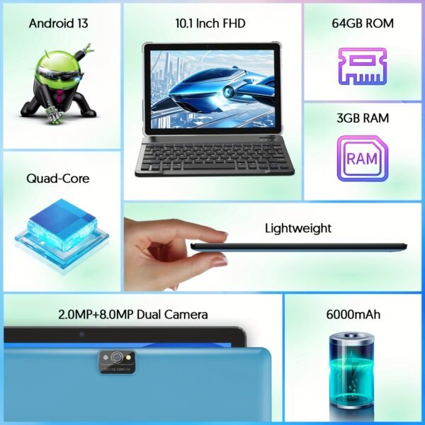 Android 13 2-in-1 Tablet with Keyboard, 4 Core Processor, 10.1 Inch, 7(3+4)GB RAM+64GB ROM, 1TB Expandable Storage, 6000mAh Battery, 5G WiFi 6, 2MP+8MP Dual Camera, 1280 * 800 FHD IPS Screen, Comes with Keyboard, Case, Stylus, And Pen.Stylus Without Electricity