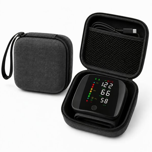 Automatic wrist blood pressure monitor, featuring an adjustable cuff, heart rate monitoring, irregular heartbeat alerts and a built-in rechargeable lithium battery. Suitable for blood pressure management in patients with hypertension.