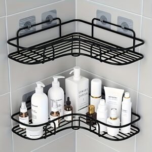 Rust-Resistant Corner Shower Rack - a Wall-Mounted Bathroom Organizer with Multiple Shelves for Shampoo, Conditioner, And Cosmetics, Featuring a Space-Saving Design And a Durable Black End, Suitable for Modern Bathrooms