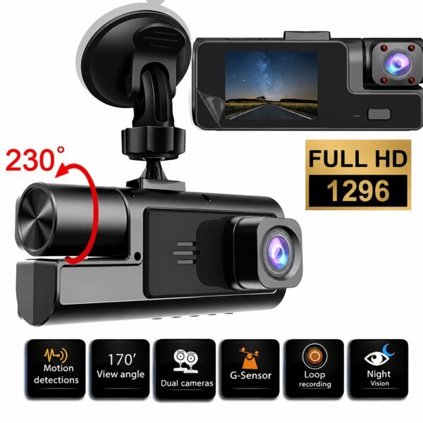 1080P Triple Camera Dash Cam, Car Camera with IR Night Vision, 170° Wide Angle Car DVR Camera, 16GB/32GB TF Card Optional, Loop Recording, G-Sensor | 2-Inch IPS Screen Dual Lens Car Dashboard Video Cam, 24H Parking Mode, Christmas Gift